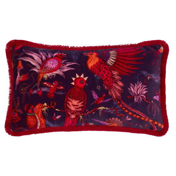 Violet | Quetzal Luxury Velvet Bolster Cushion in Violet designed by Emma J Shipley in London inspired by Costa Rica's Cloud Forest