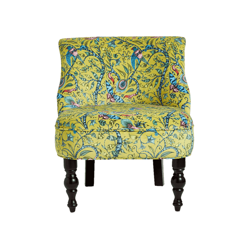 Front view of the Rousseau Langley Chair in Lime from the Emma J Shipley and Clarke & Clarke Animalia fabric furniture range