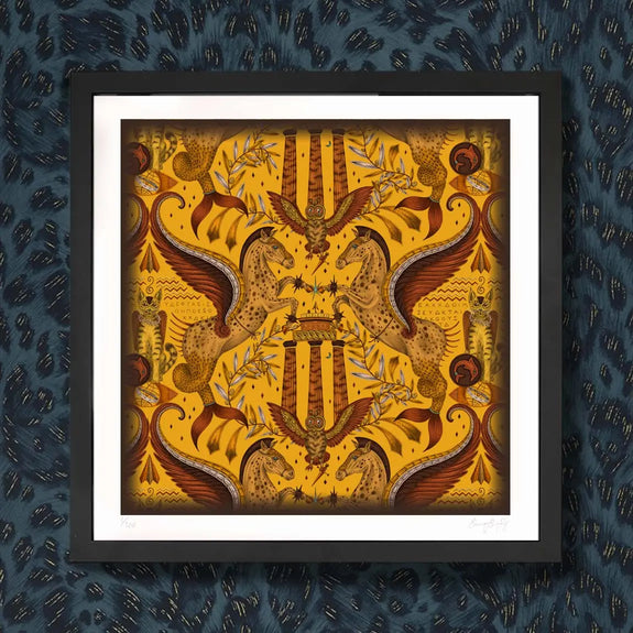 Gold | 24 x 24 inches | Fine Art Print featuring Emma J Shipley's hand-drawn Odyssey design in Gold, featuring fish-tailed Pegasi, inspired by the Greek god Poseidon.
