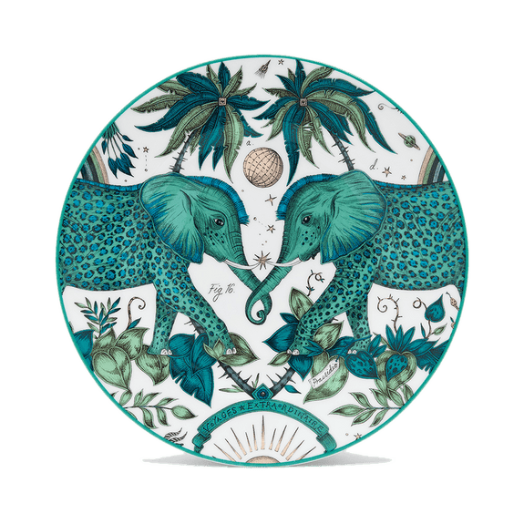 Zambezi Side plate designed by Emma J Shipley, crafted in fine bone china by skilled artisans in Stoke on Trent UK, hand decorated with an exquisitely detailed and colourful design featuring leopard spotted elephants, a leaping gazelle, soaring hornbills in layers of teal, greens and neutrals, part of the Fine China Dining collection