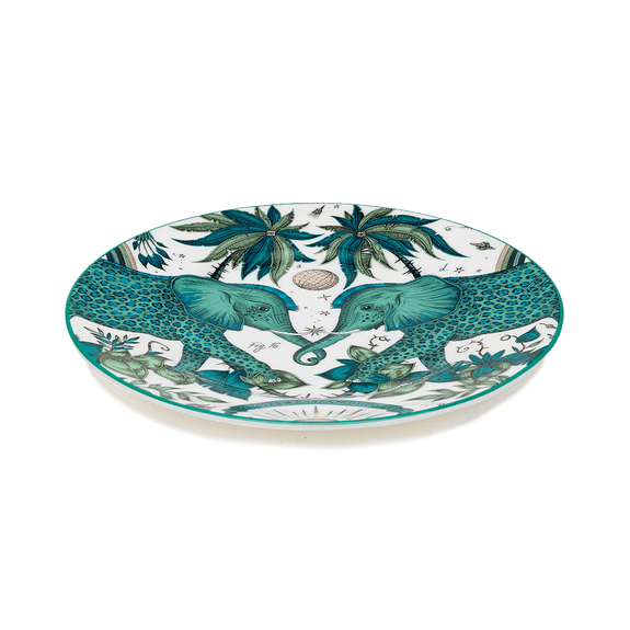 Zambezi Side plate designed by Emma J Shipley, crafted in fine bone china by skilled artisans in Stoke on Trent UK, hand decorated with an exquisitely detailed and colourful design featuring leopard spotted elephants, a leaping gazelle, soaring hornbills in layers of teal, greens and neutrals, part of the Fine China Dining collection