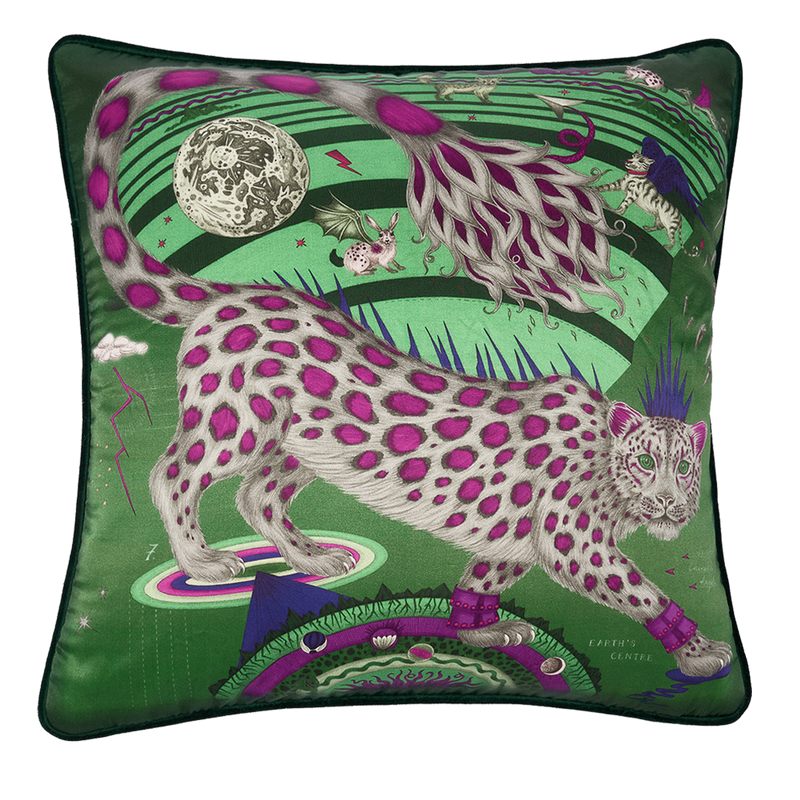  The Snow Leopard Silk cushion in Emerald features a cat on the front in bright purple colours designed by Emma J Shipley 