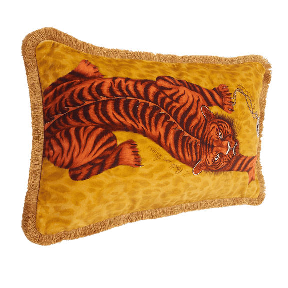 Gold | The Side of the Tigris Gold Luxury Velvet bolster cushion features a deep orange tiger across the front, hand drawn by Emma J Shipley