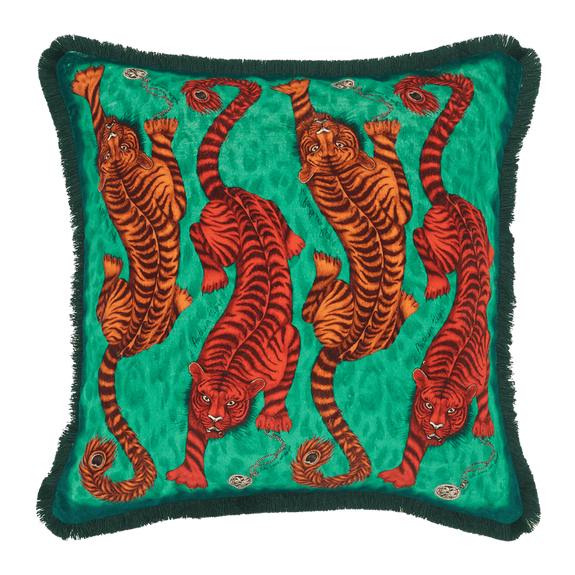 Teal | The Tigris Luxury Velvet Cushion in the Teal colour has enchanting bright teals with sets of red and orange tigers on the front holding pocket watches designed by Emma J Shipley