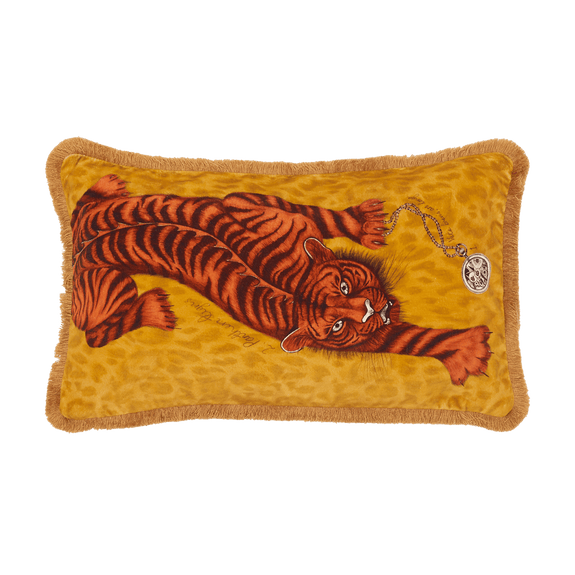 Gold | The Tigris Gold Bolster Cushion is adorned by a Deep Orange Tiger crawling across the front holding a pocket watch, designed by Emma J Shipley in her London Studio