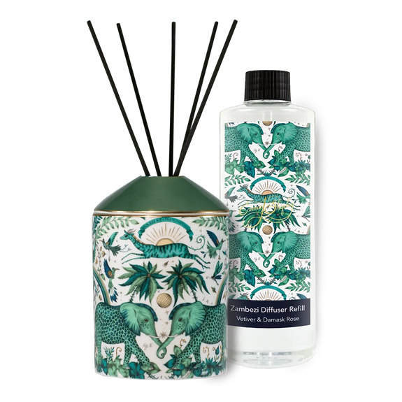 Zambezi Diffuser Refill with 500ml of bespoke scent presenting sensual notes of spicy Rose, mixed with Peach and Jasmine and set on an earthy Vetiver with twenty reeds - hand drawn and designed by Emma J Shipley.