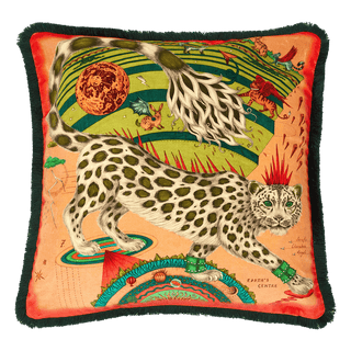 The Snow Leopard Luxury Velvet Cushion in Blush, featuring sumptuous oranges and statement greens with opulent ruche fringing. Designed by Emma J Shipley, inspired by Dante’s Inferno and Paradiso from the 14th century and Ingmar Bergman’s film “The Seventh Seal”