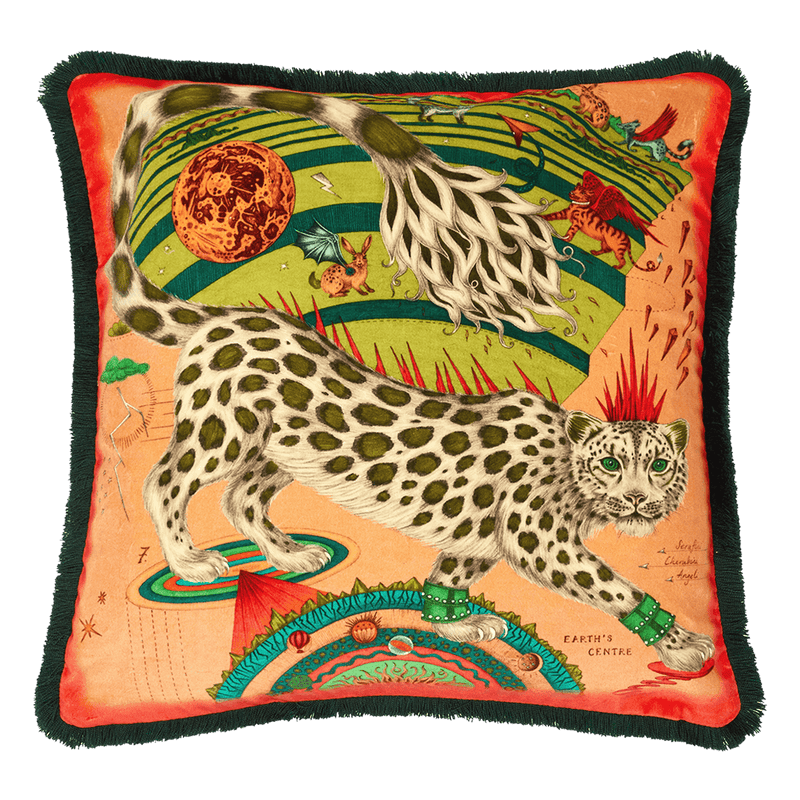  The Snow Leopard Luxury Velvet Cushion in Blush, featuring sumptuous oranges and statement greens with opulent ruche fringing. Designed by Emma J Shipley, inspired by Dante’s Inferno and Paradiso from the 14th century and Ingmar Bergman’s film “The Seventh Seal”