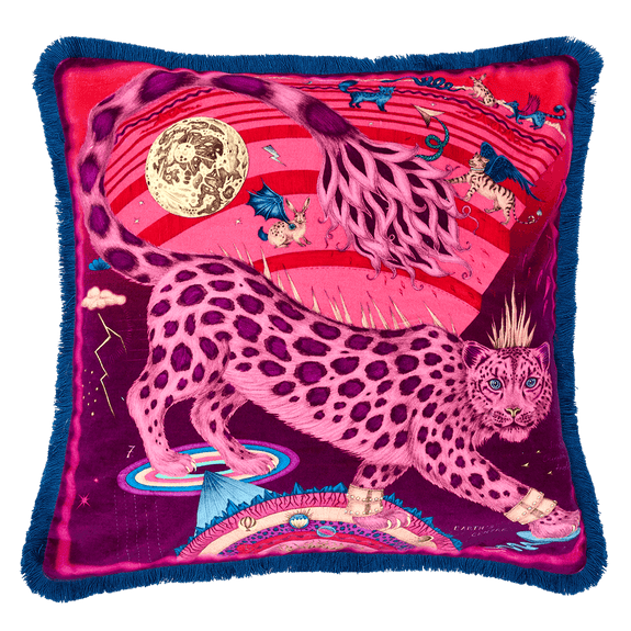 Berry | The Snow Leopard Luxury Velvet Cushion in Berry, featuring vibrant pinks, luxurious purples and striking blues with opulent ruche fringing. Designed by Emma J Shipley, inspired by Dante’s Inferno and Paradiso from the 14th century and Ingmar Bergman’s film “The Seventh Seal”