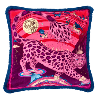 The Snow Leopard Luxury Velvet Cushion in Berry, featuring vibrant pinks, luxurious purples and striking blues with opulent ruche fringing. Designed by Emma J Shipley, inspired by Dante’s Inferno and Paradiso from the 14th century and Ingmar Bergman’s film “The Seventh Seal”