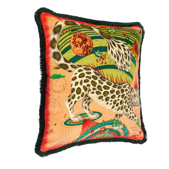 Blush | The Snow Leopard Luxury Velvet Cushion in Blush, featuring sumptuous oranges and statement greens with opulent ruche fringing. Designed by Emma J Shipley, inspired by Dante’s Inferno and Paradiso from the 14th century and Ingmar Bergman’s film “The Seventh Seal”