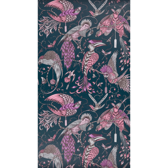 Pink | A Wider look at the Pink Audubon Wallpaper is inspired by John James Audubon and features birds and vines, designed by Emma J Shipley x Clarke & Clarke