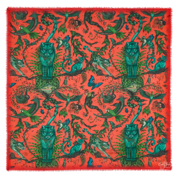 Bosque Dreams Fine Wool Scarf - Red Leopard Autumn Coral