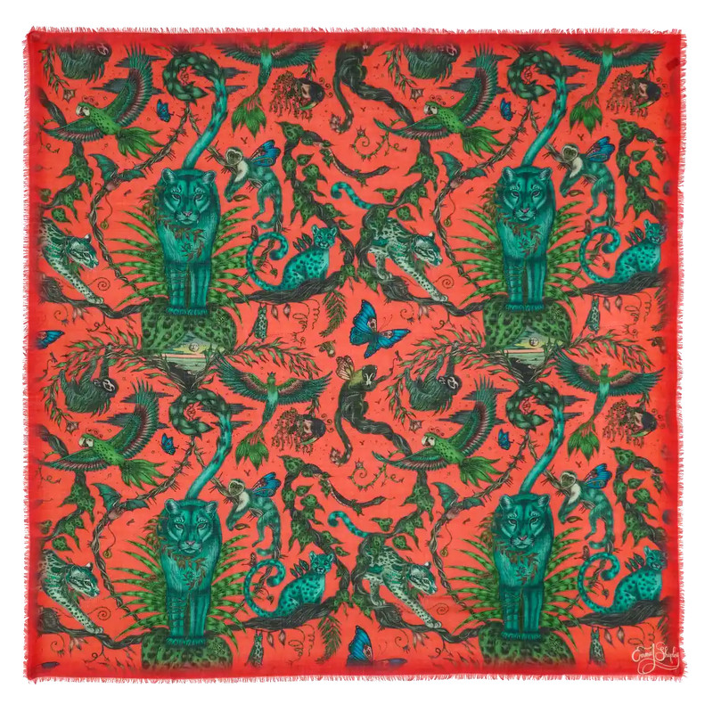 Bosque Dreams Fine Wool Scarf - Red Leopard Autumn Coral