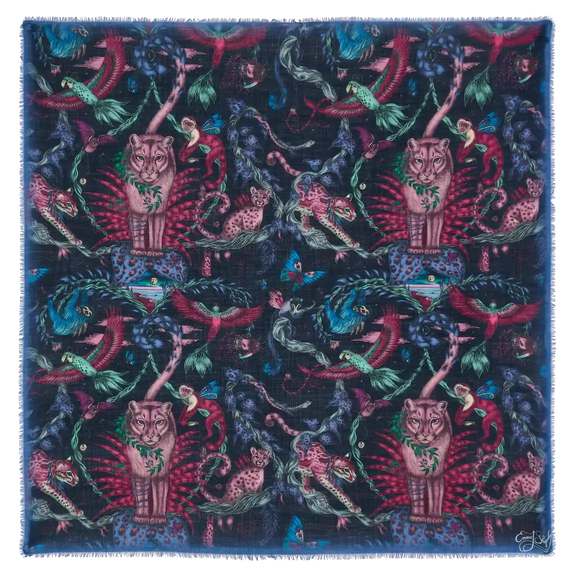 Bosque Dreams Fine Wool Scarf - Red Leopard Summer Navy