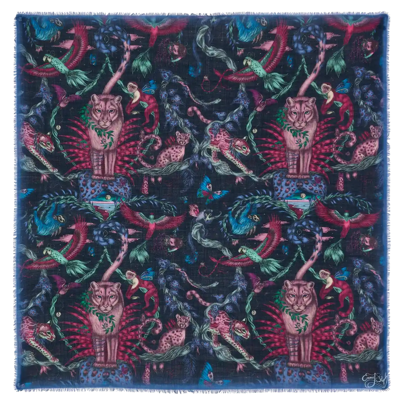 Bosque Dreams Fine Wool Scarf - Red Leopard Summer Navy