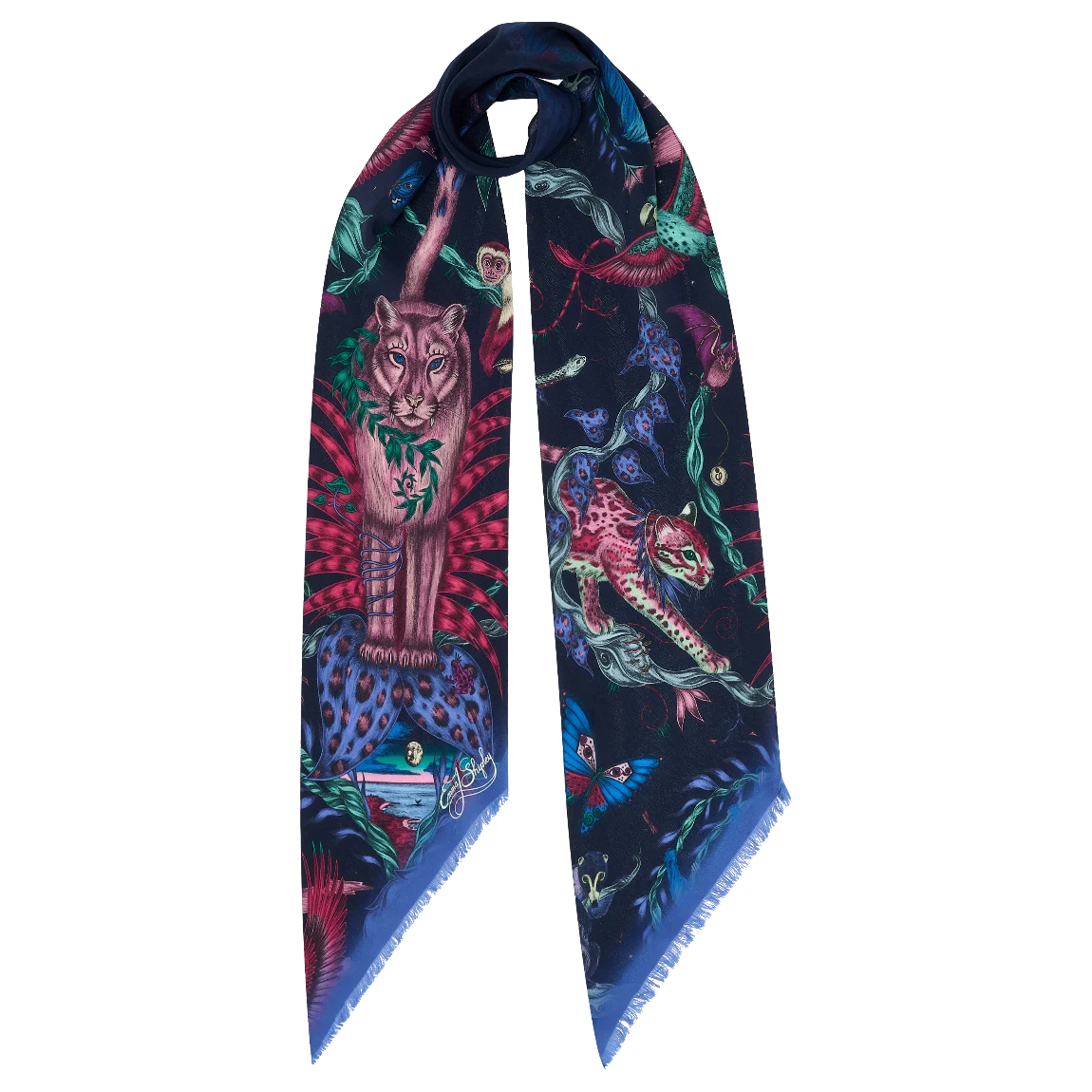 Bosque Dreams Silk Skinny Scarf - Red Leopard Summer Navy