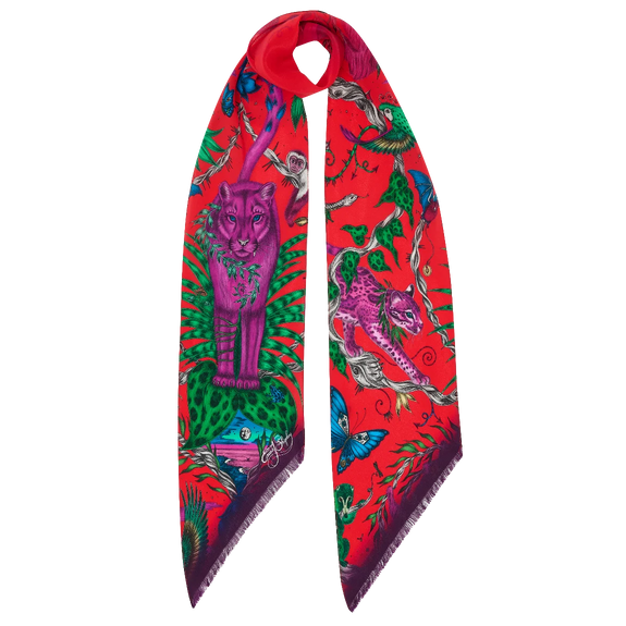 Bosque Dreams Silk Skinny Scarf - Red Leopard Winter Scarlet