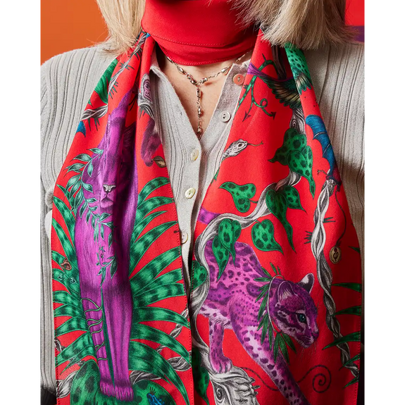 Bosque Dreams Silk Skinny Scarf - Red Leopard Winter Scarlet