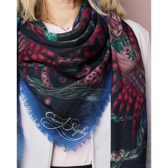 Bosque Dreams Fine Wool Scarf - Red Leopard Summer Navy