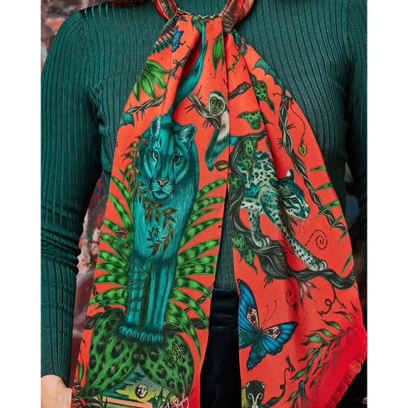 Bosque Dreams Silk Skinny Scarf - Red Leopard Autumn Coral