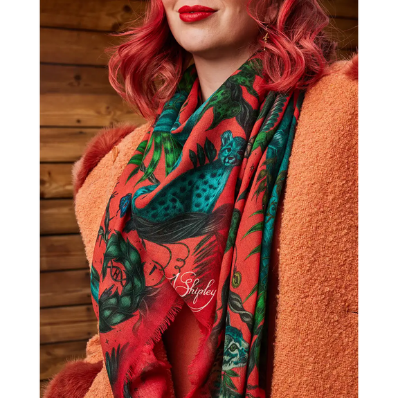 Bosque Dreams Fine Wool Scarf - Red Leopard Autumn Coral