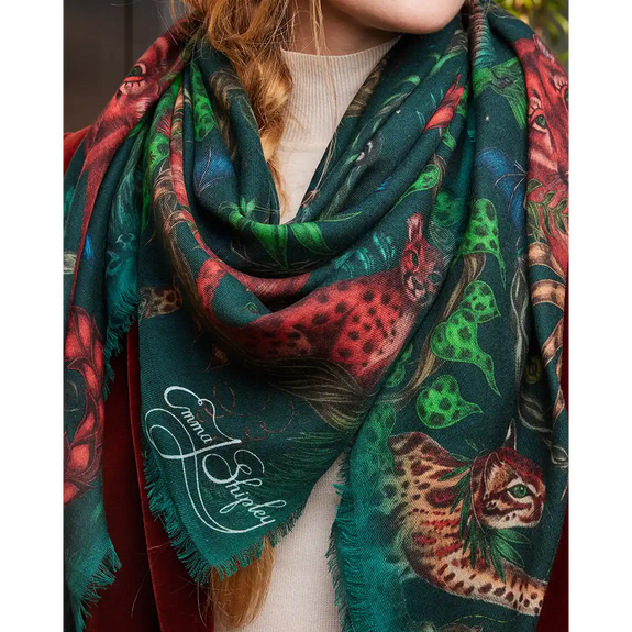 Bosque Dreams Fine Wool Scarf - Red Leopard Autumn Forest