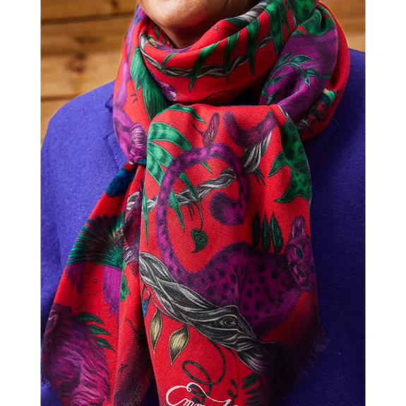 Bosque Dreams Fine Wool Scarf - Red Leopard Winter Scarlet