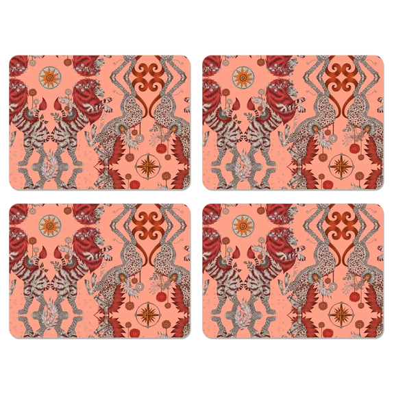 Medium | Large | 4 | Set of four coral pink placemats with lion and unicorn and geometric pattern design.