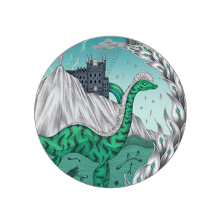 The highlandia coaster in turquoise featuring the lochness, a castle and a mountain. Designed by Emma J Shipley