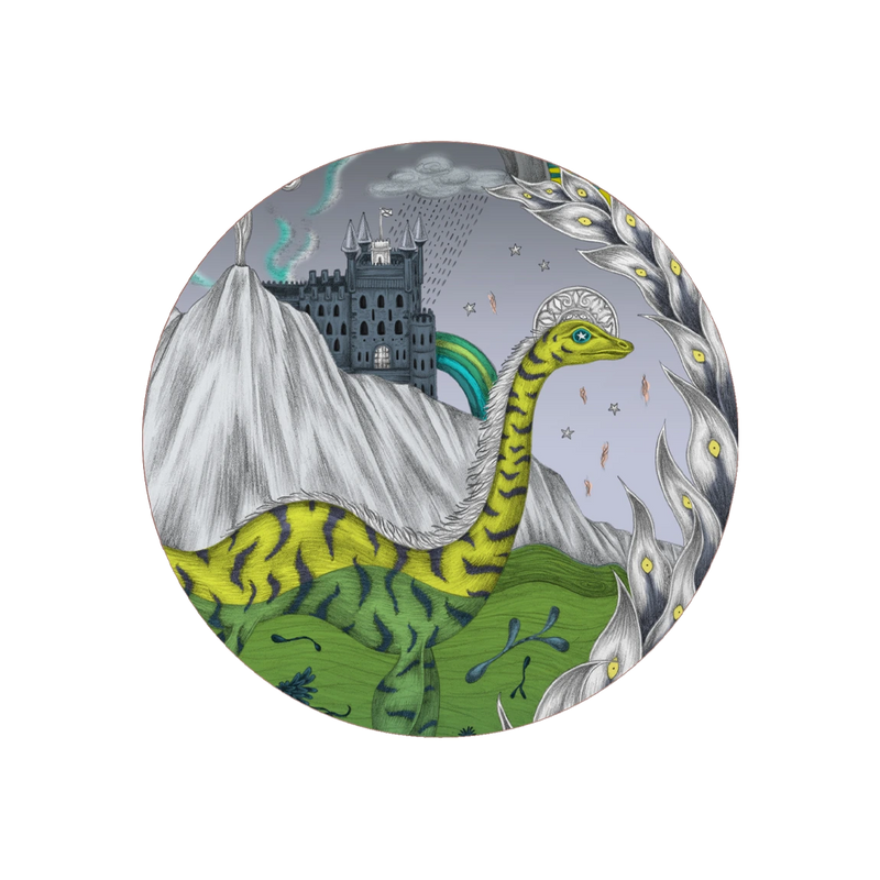  Round coaster with a loch ness monster and castle design on a grey background.