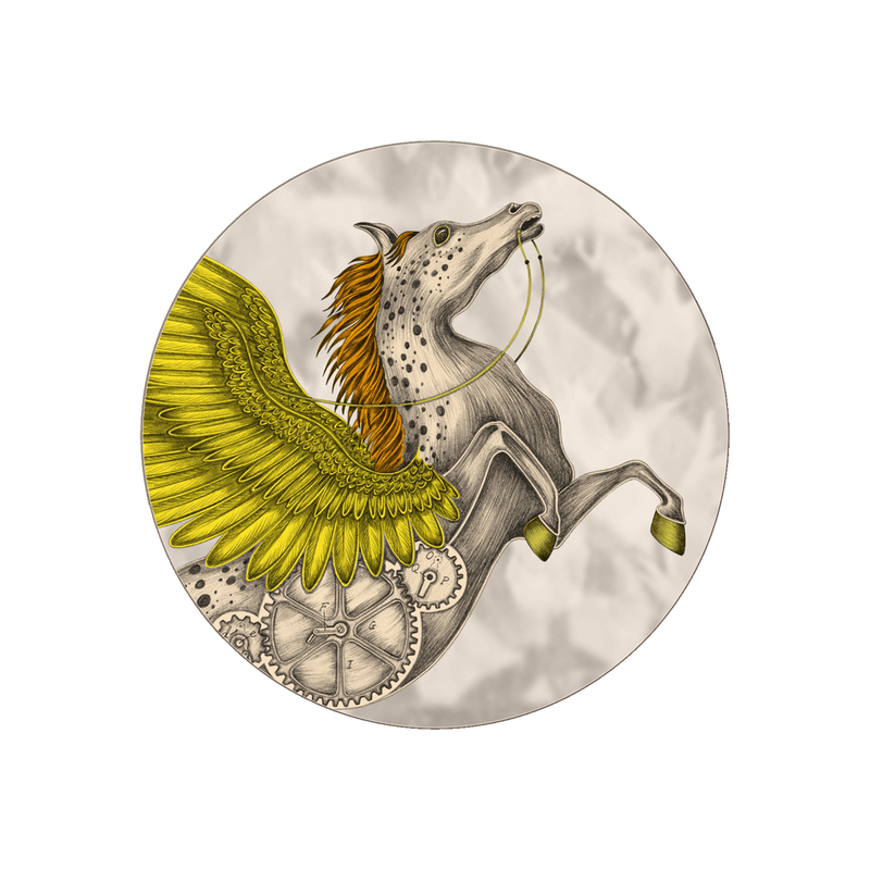  The Pegasus coaster in gold featuring a clockwork, winged pegasus on a fantasy background. Designed by Emma J Shipley