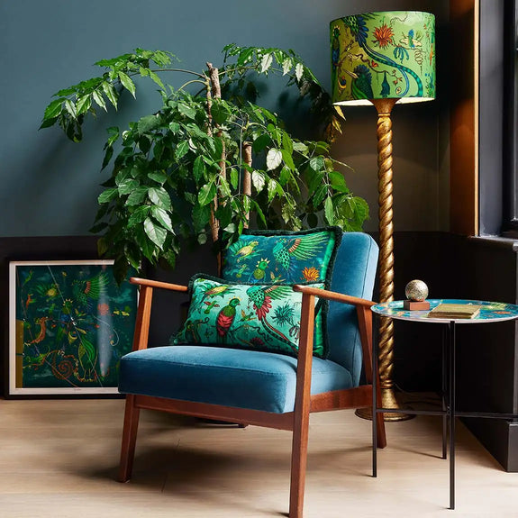 Jungle | Quetzal Silk Lampshade, with chair and Quetzal Cushions, Tray Table and Print inspired by Costa Rica Cloud Forest designed by Emma J Shipley in London