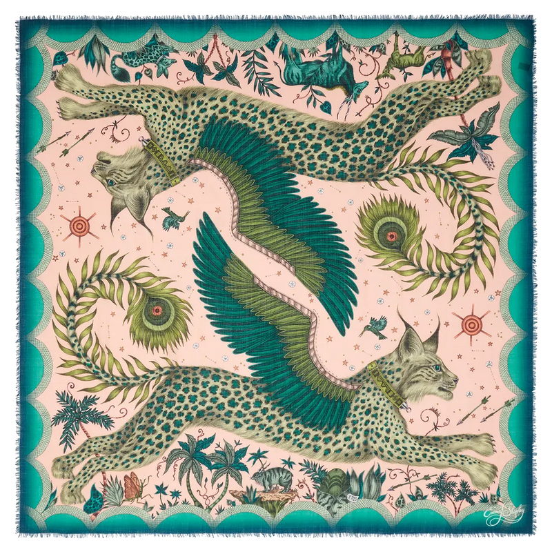  Flat image of Lynx Fine Wool Scarf in Pink, designed by Emma J Shipley in London featuring two winged Lynx amongst foliage