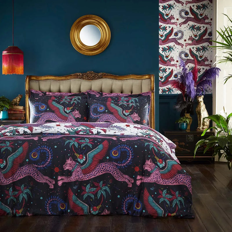  Lynx Navy Bedding in a bedroom with wallpaper and plants, designed by Emma J Shipley in London
