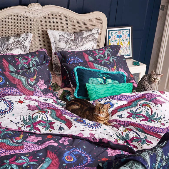 UK Super King | 2 x King Oxford | Bed with Lynx Navy Bedding and Pillows with two cats, designed by Emma J Shipley in London