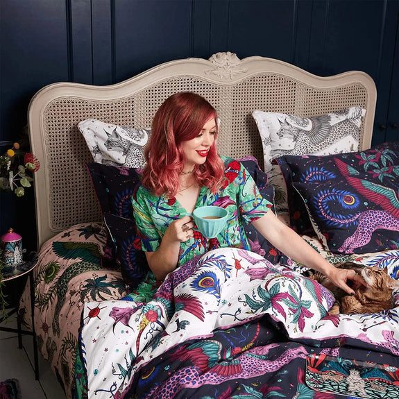 UK Super King | 2 x Oxford | Emma J Shipley in Lynx Duvet Cover in bed with cat, designed by Emma J Shipley in London