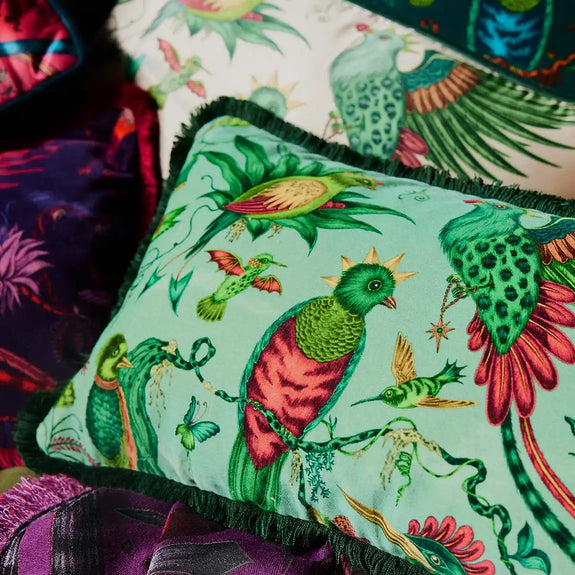 Aqua | Detail close up photo of Quetzal Luxury Velvet Bolster Cushion in Aqua designed by Emma J Shipley in London inspired by Costa Rica's Cloud Forest