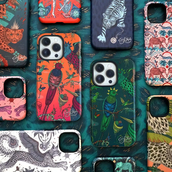 Emma J Shipley Phone Cases with Quetzal Peach and Teal at the centre, designed by Emma J Shipley in London