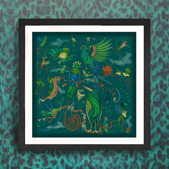 24 x 24 inches | Quetzal Art Print in Teal in frame with felis print background inspired by Costa Rica's Cloud Forest designed by Emma J Shipley in London