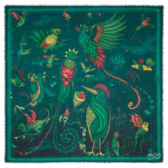 Teal | Flat image of Quetzal fine wool scarf in Teal, designed by Emma J Shipley in London featuring Quetzal bird, amongst foliage and other birds