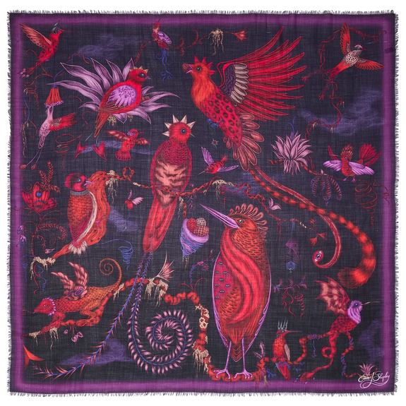 Violet | Flat image of Quetzal Fine Wool Scarf in Violet, designed by Emma J Shipley in London, featuring Quetzal bird and birds surrounded by foliage in violet and red 