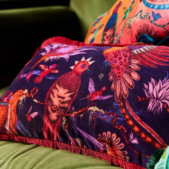 Violet | Detail close up photo of Quetzal Luxury Velvet Bolster Cushion in Violet designed by Emma J Shipley in London inspired by Costa Rica's Cloud Forest