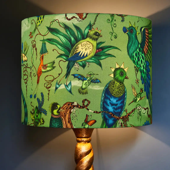 Jungle | Quetzal Silk Lampshade in Jungle lit up inspired by Costa Rica Cloud Forest designed by Emma J Shipley in London