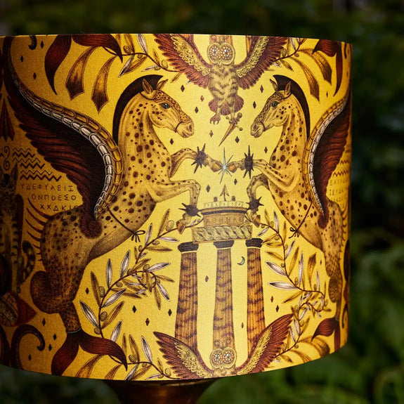 Gold | Odyssey Silk Lampshade - Small in Gold, designed by Emma J Shipley.  This intricate hand-drawn design was inspired by the Hellenistic period, the gods and goddesses of Grecian mythology and Emma’s travels to Greece’s ancient sites.  