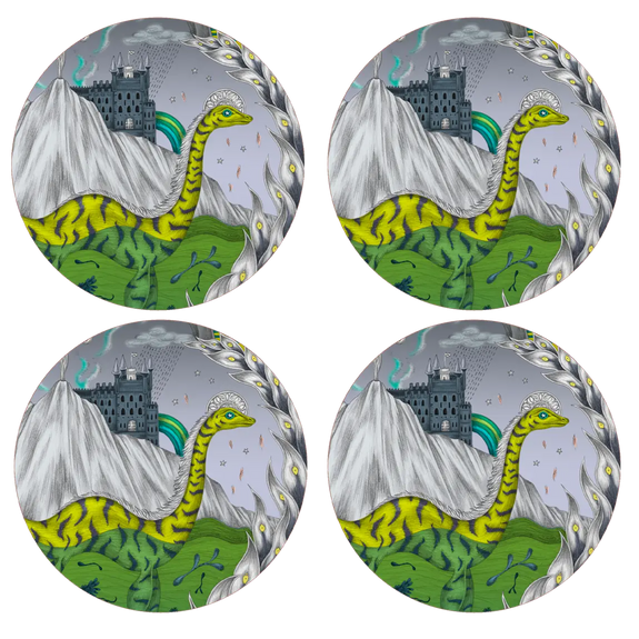 4 | Four round coasters with a loch ness monster and castle design on a grey background.