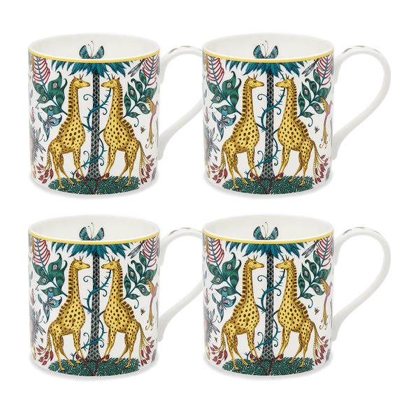 4 | 4 x Kruger Mug designed by Emma J Shipley, crafted in fine bone china by skilled artisans in Stoke on Trent UK, hand decorated with an exquisitely detailed and colourful artwork with giraffes and detailed foliage in yellow, blues and greens - part of the Fine China Dining collection