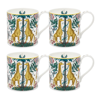 4 x Kruger Mug designed by Emma J Shipley, crafted in fine bone china by skilled artisans in Stoke on Trent UK, hand decorated with an exquisitely detailed and colourful artwork with giraffes and detailed foliage in yellow, blues and greens - part of the Fine China Dining collection