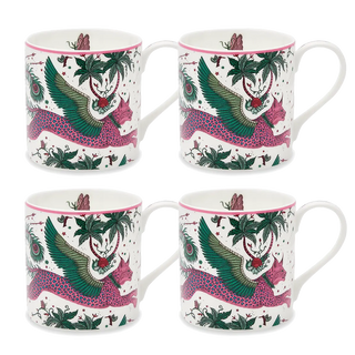 Lynx Mug designed by Emma J Shipley, crafted in fine bone china by skilled artisans in Stoke on Trent UK, hand decorated with an exquisitely detailed and colourful artwork with a Lynx, leaping through a starry night sky surrounded by magical creatures in pink, magenta and verdant green shades - part of the Fine China Dining collection