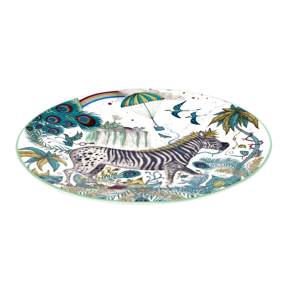 1 | 4 | Lost World Side Plate by Emma J Shipley, fine bone china with a hand-drawn peacock-tailed zebra design